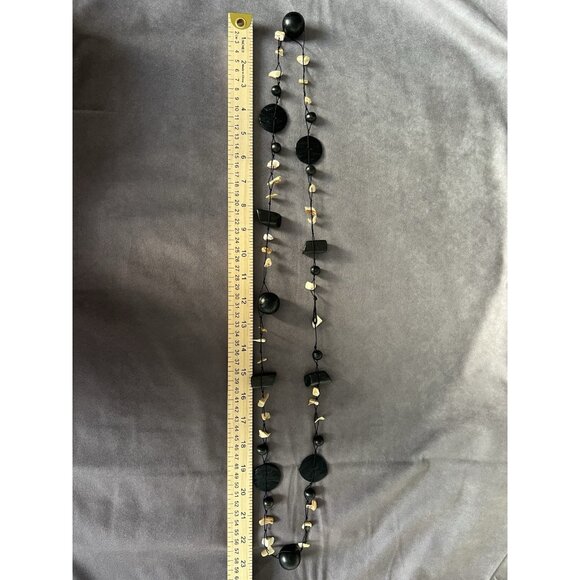 Long Black Bead & Shell Chip Multi Strand Statement Necklace ~ Boho Art to Wear - Picture 2 of 3